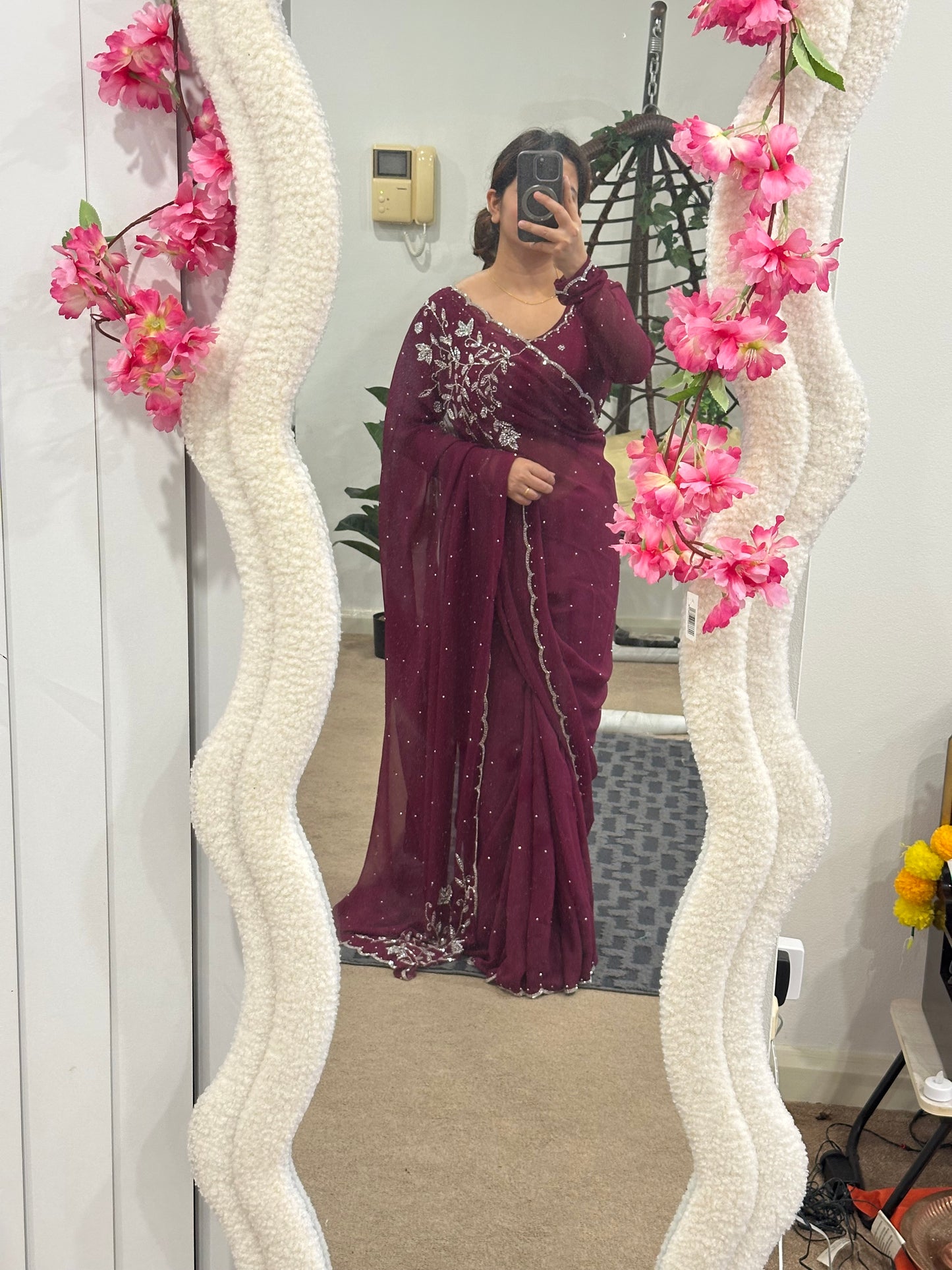 Boutique Work Wine Saree Set